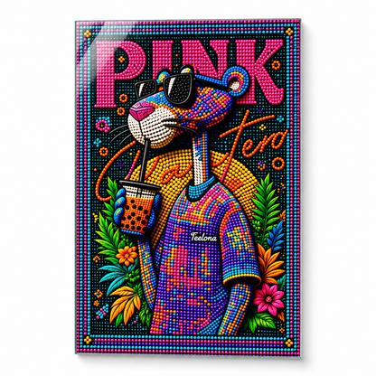 Neon boncuklu pembe panter dikey cam tablo