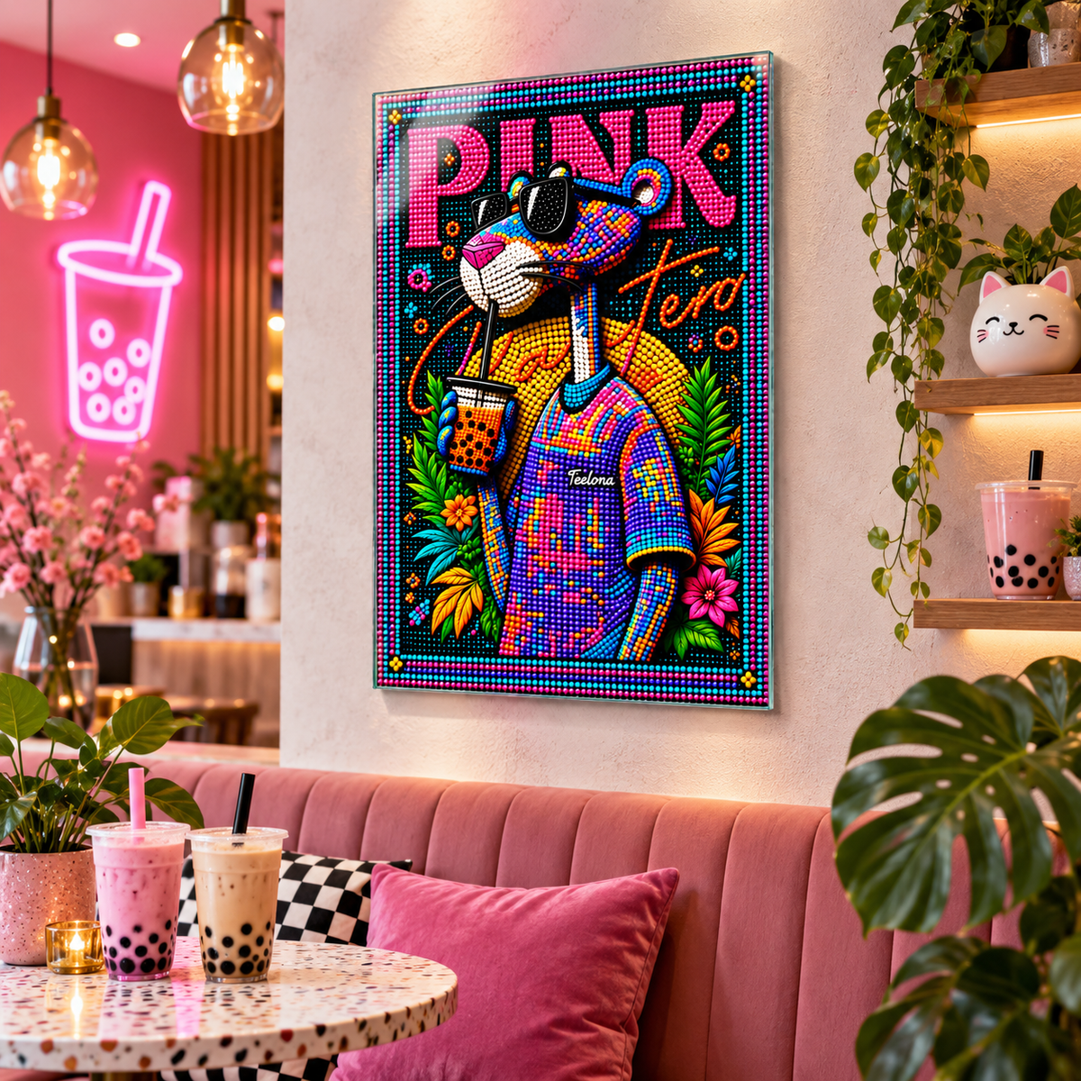 Neon boncuklu pembe panter cam tablo kafe mockup