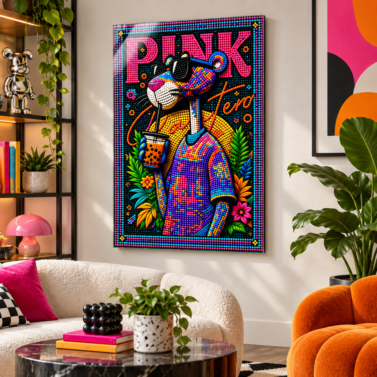 Neon boncuklu pembe panter cam tablo salon mockup