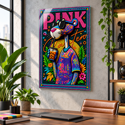Neon boncuklu pembe panter cam tablo ofis mockup