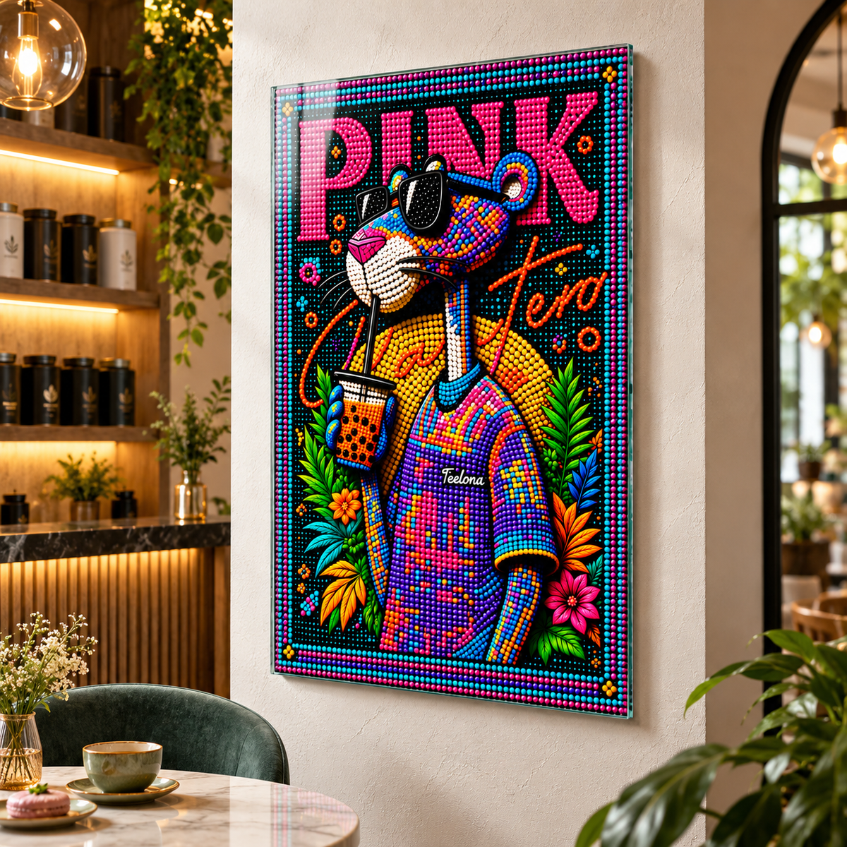 Neon boncuklu pembe panter cam tablo premium kafe mockup