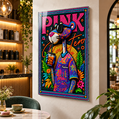 Neon boncuklu pembe panter cam tablo premium kafe mockup