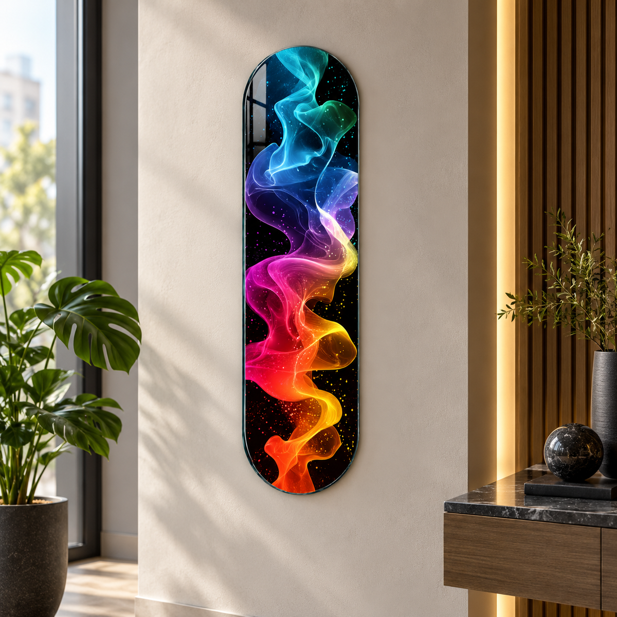 Neon spektrum duman desenli Skate Board cam tablo - farklı premium mekan