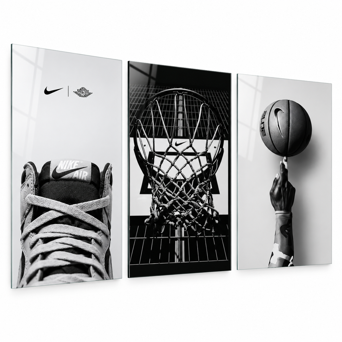 Nike basketbol temalı siyah beyaz 3'lü cam tablo beyaz zemin vitrin
