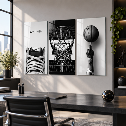 Nike basketbol temalı siyah beyaz 3'lü cam tablo premium çalışma odası