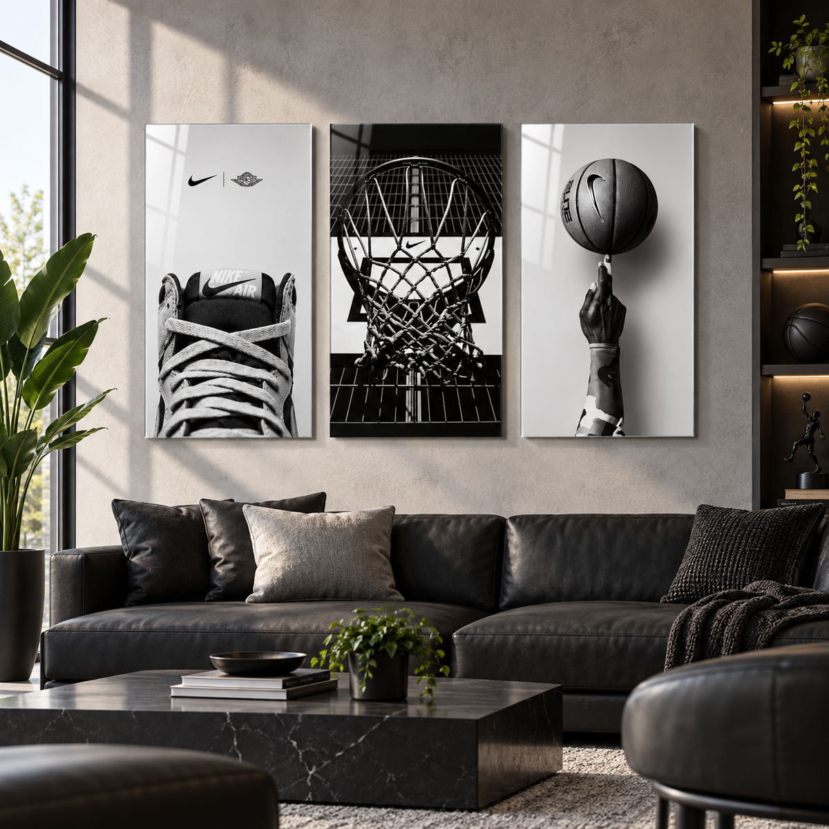 Nike basketbol temalı siyah beyaz 3'lü cam tablo premium salon
