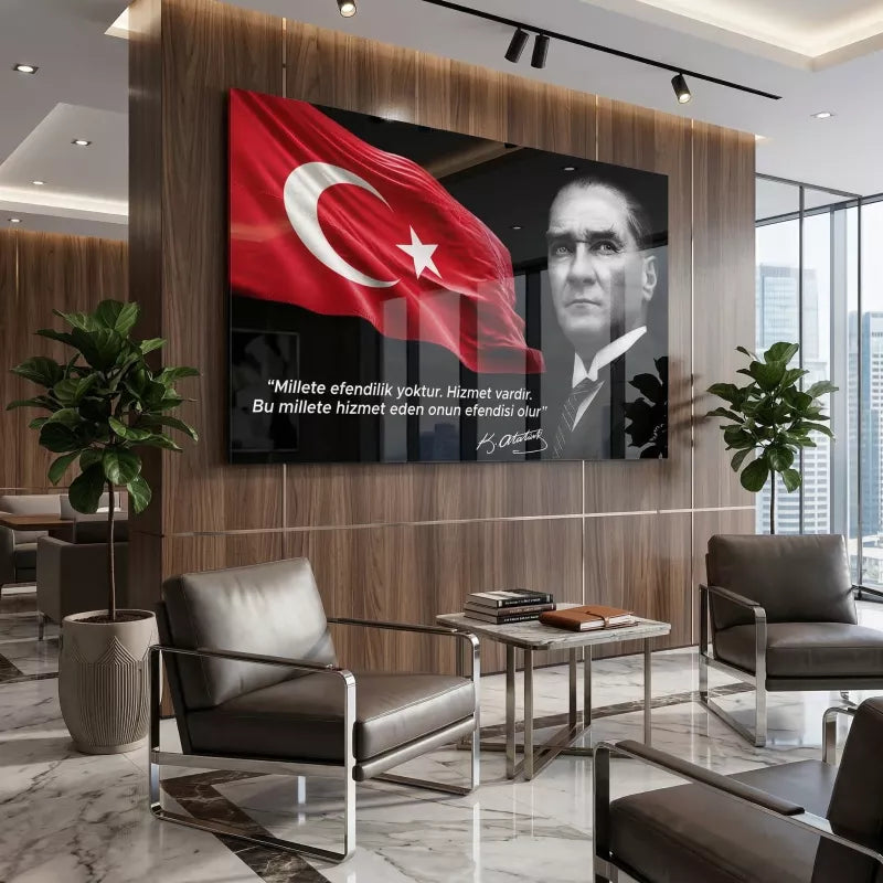 Atatürk ve Bayrak Dikey Cam Tablo