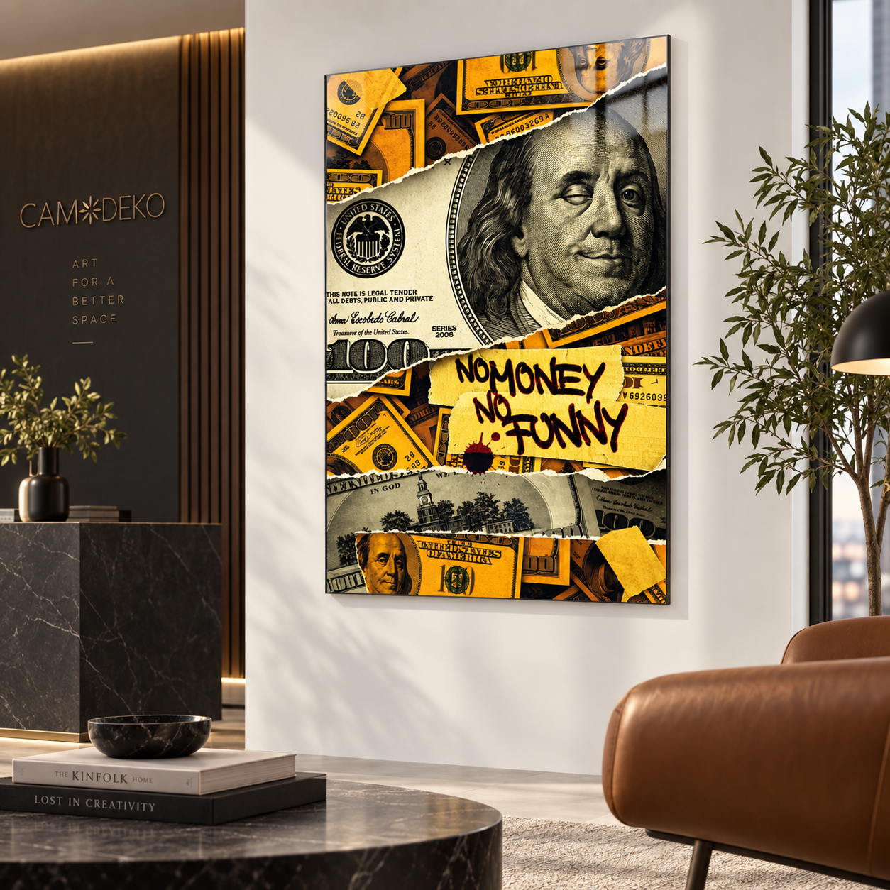 No Money No Funny cam tablo premium lobi mockup