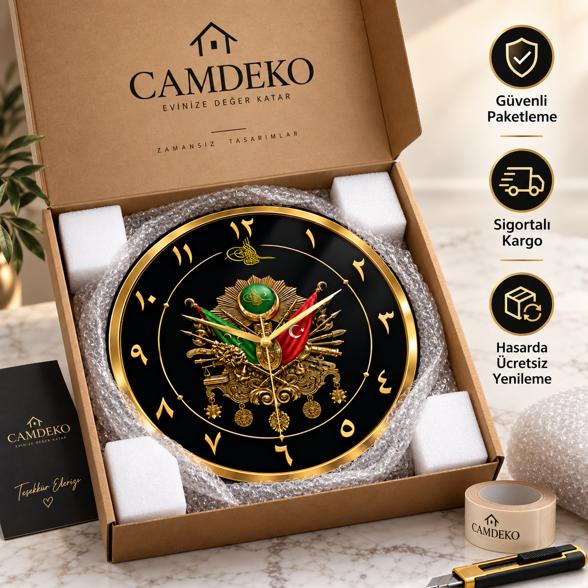 CAMDEKO Osmanlı armalı cam saat güvenli paketleme ve sigortalı kargo