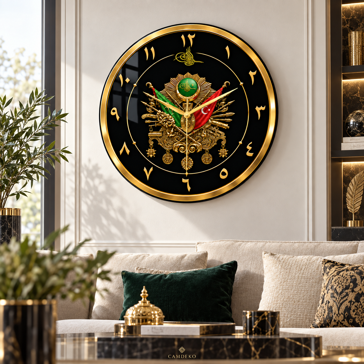 Osmanlı armalı altın siyah CAMDEKO cam duvar saati premium dekorasyon
