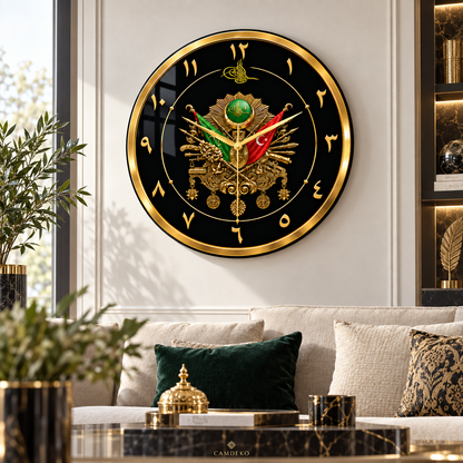 Osmanlı armalı altın siyah CAMDEKO cam duvar saati premium dekorasyon