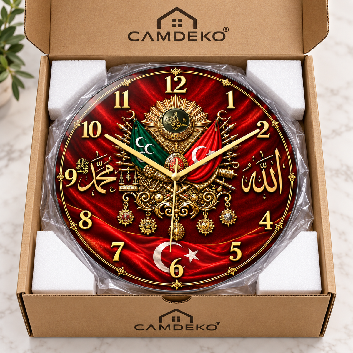CAMDEKO Osmanlı armalı cam saat - güvenli paketleme ve sigortalı kargo