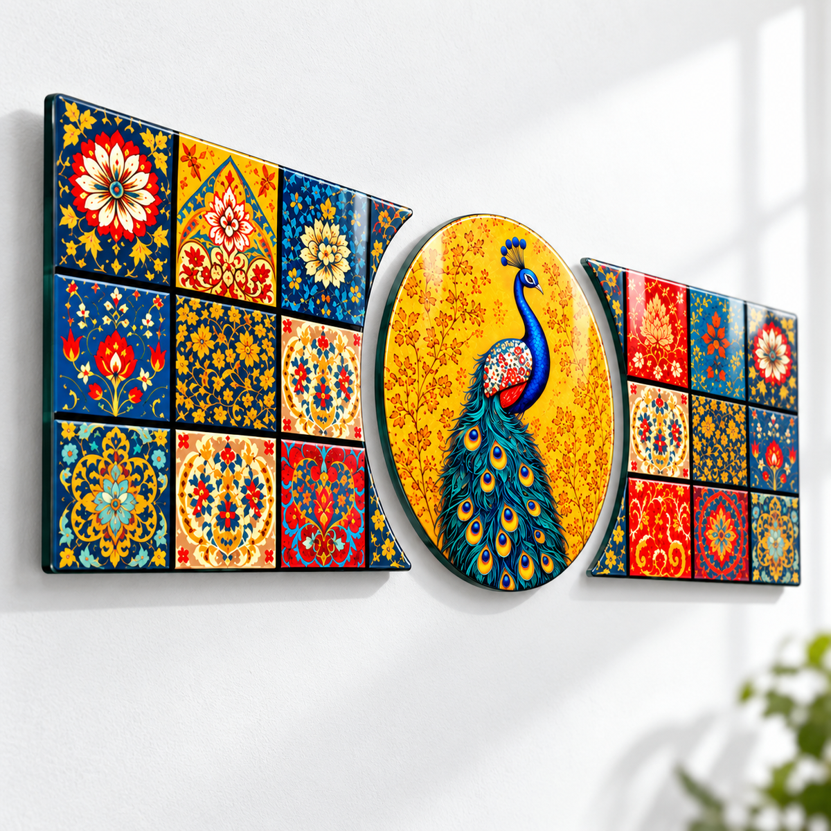 Otantik tavus kuşu şekilli kesim cam tablo duvar mesafesi