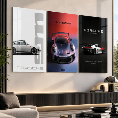 Porsche klasik 911 modern GT ve Mission R 3'lü cam tablo premium salon