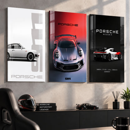 Porsche klasik 911 modern 911 ve Mission R 3'lü cam tablo premium ofis