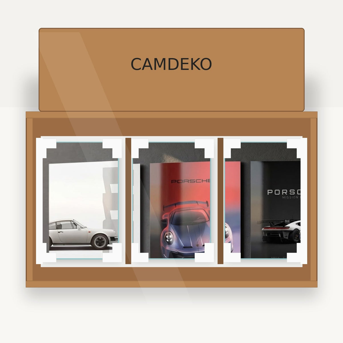 CAMDEKO Porsche üçlü cam tablo sade korumalı paketleme; yalnızca 3 cam panel, kraft kutu, beyaz köşe koruyucular ve karton ayırıcılar