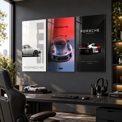 Porsche klasik 911 modern 911 ve Mission R 3'lü cam tablo premium çalışma odası