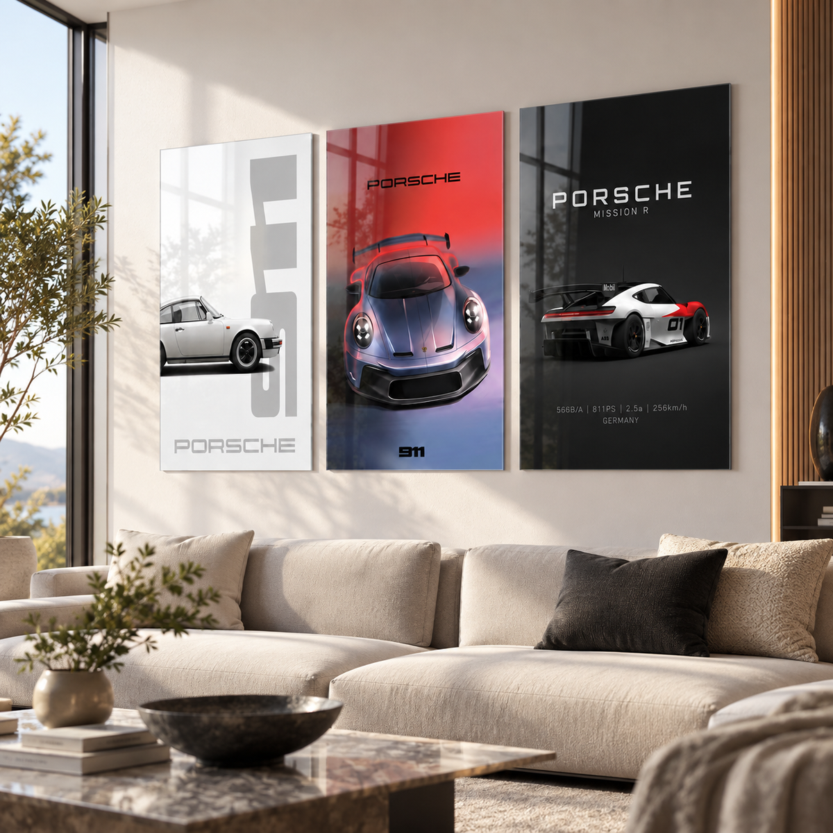 Porsche klasik 911 modern 911 ve Mission R 3'lü cam tablo premium salon