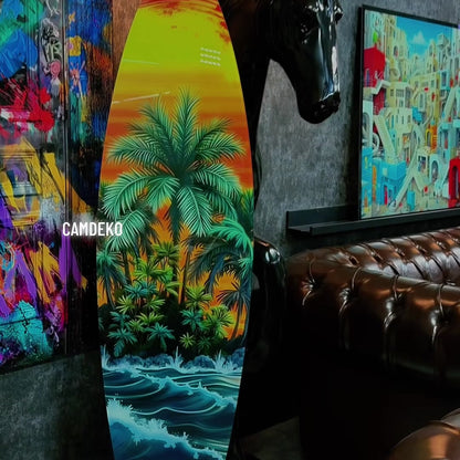 Tropik Ada Gün Batımı Manzarası Surf Board Cam Tablo
