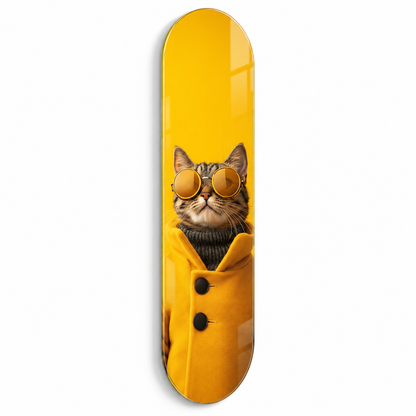 Sarı paltolu gözlüklü kedi Skate Board cam tablo - beyaz zemin