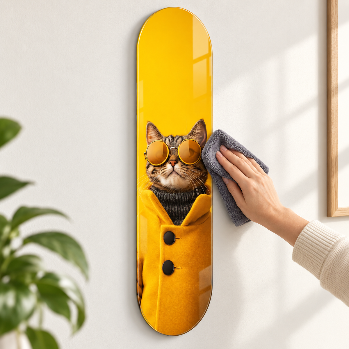 Cam tablo kolay temizlik - sarı paltolu kedi model