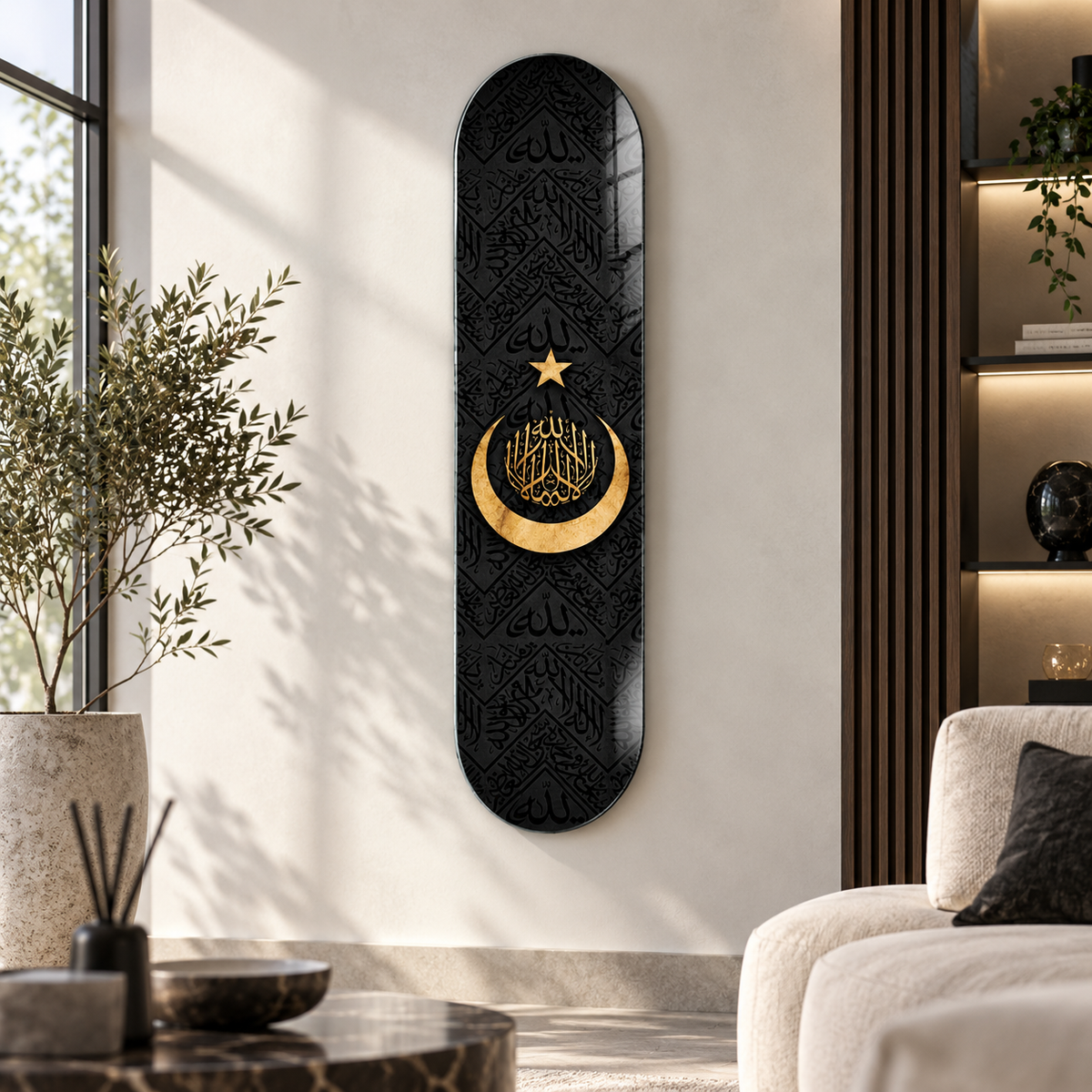 Siyah altın hilal yıldız Skate Board cam tablo - premium salon