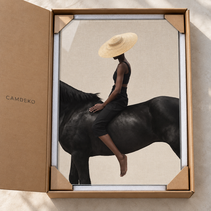 Siyah At ve Hasır Şapkalı Kadın Dikey Cam Tablo - paketleme