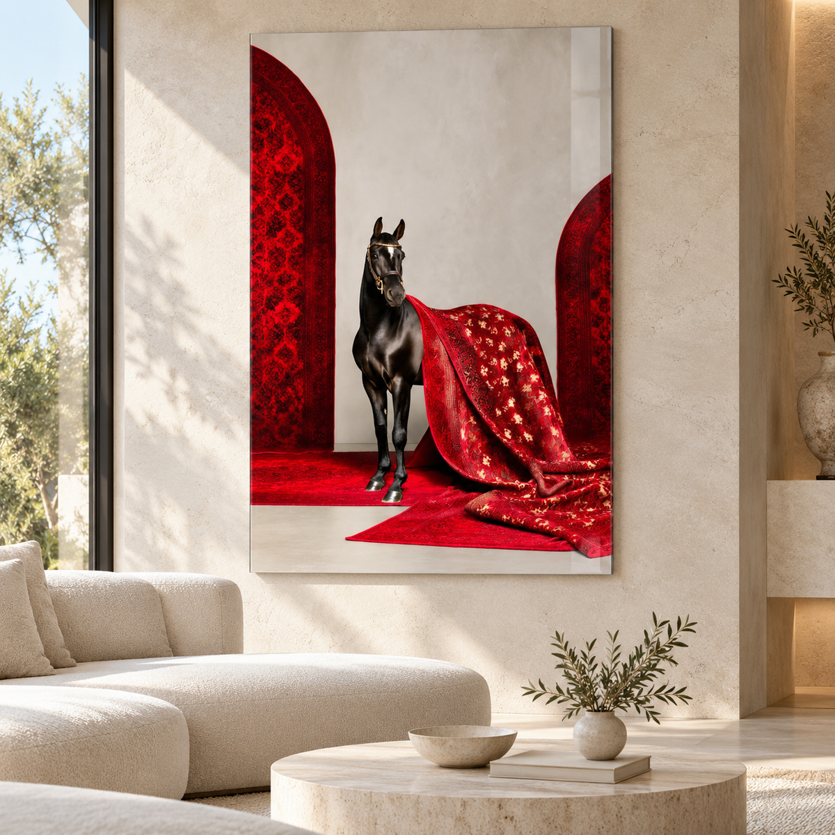 Siyah At ve Kırmızı Halı Dikey Cam Tablo – Premium salon