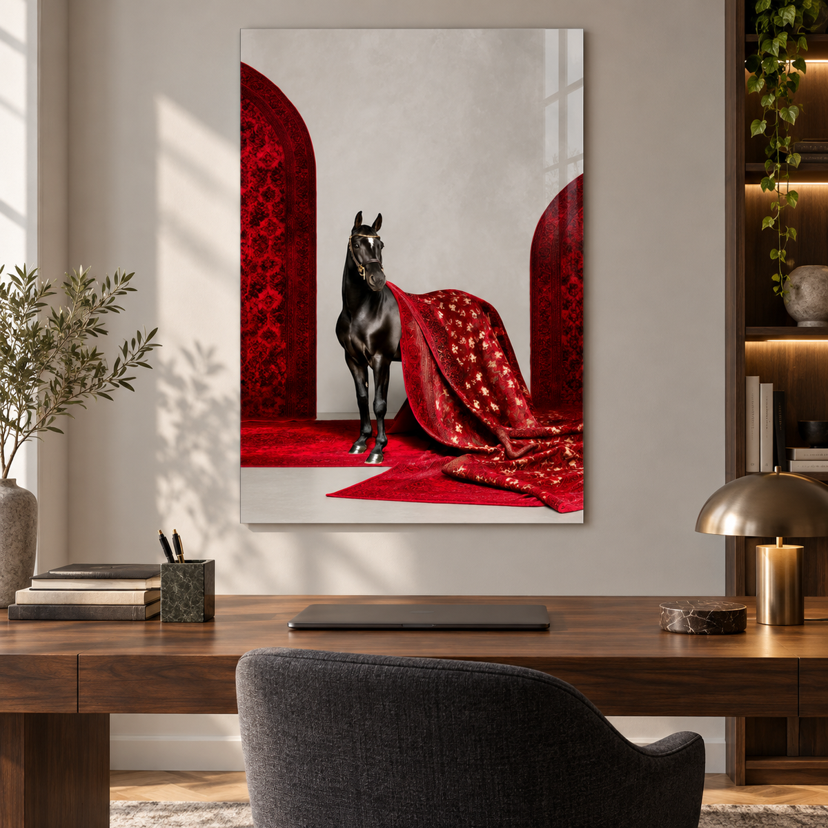 Siyah At ve Kırmızı Halı Dikey Cam Tablo – Çalışma odası