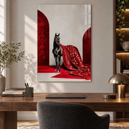 Siyah At ve Kırmızı Halı Dikey Cam Tablo – Çalışma odası
