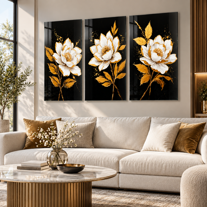 Siyah gold beyaz manolya 3'lü cam tablo modern salon