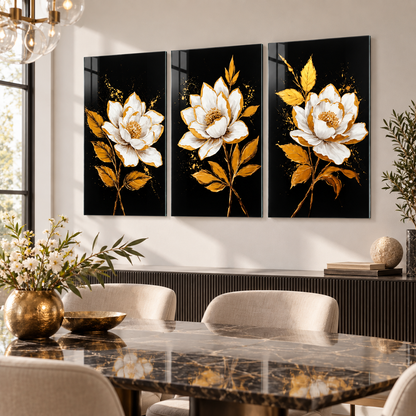 Siyah gold beyaz manolya 3'lü cam tablo yemek odası