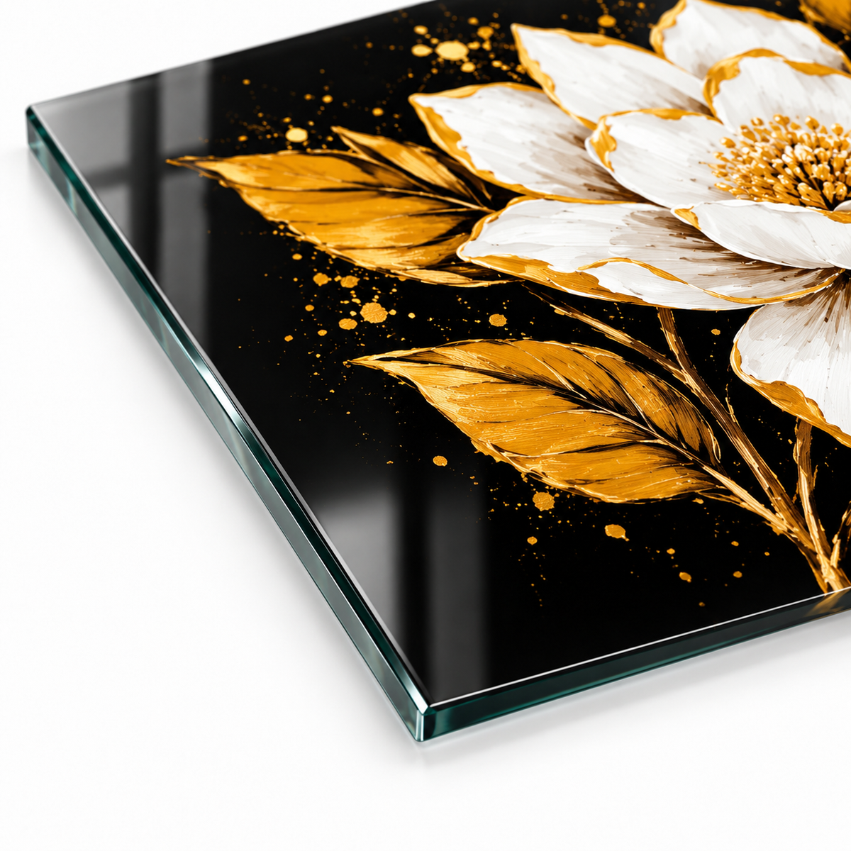 CAMDEKO 4 mm Ultra Clear temperli cam rodajlı kenar siyah gold manolya detayı