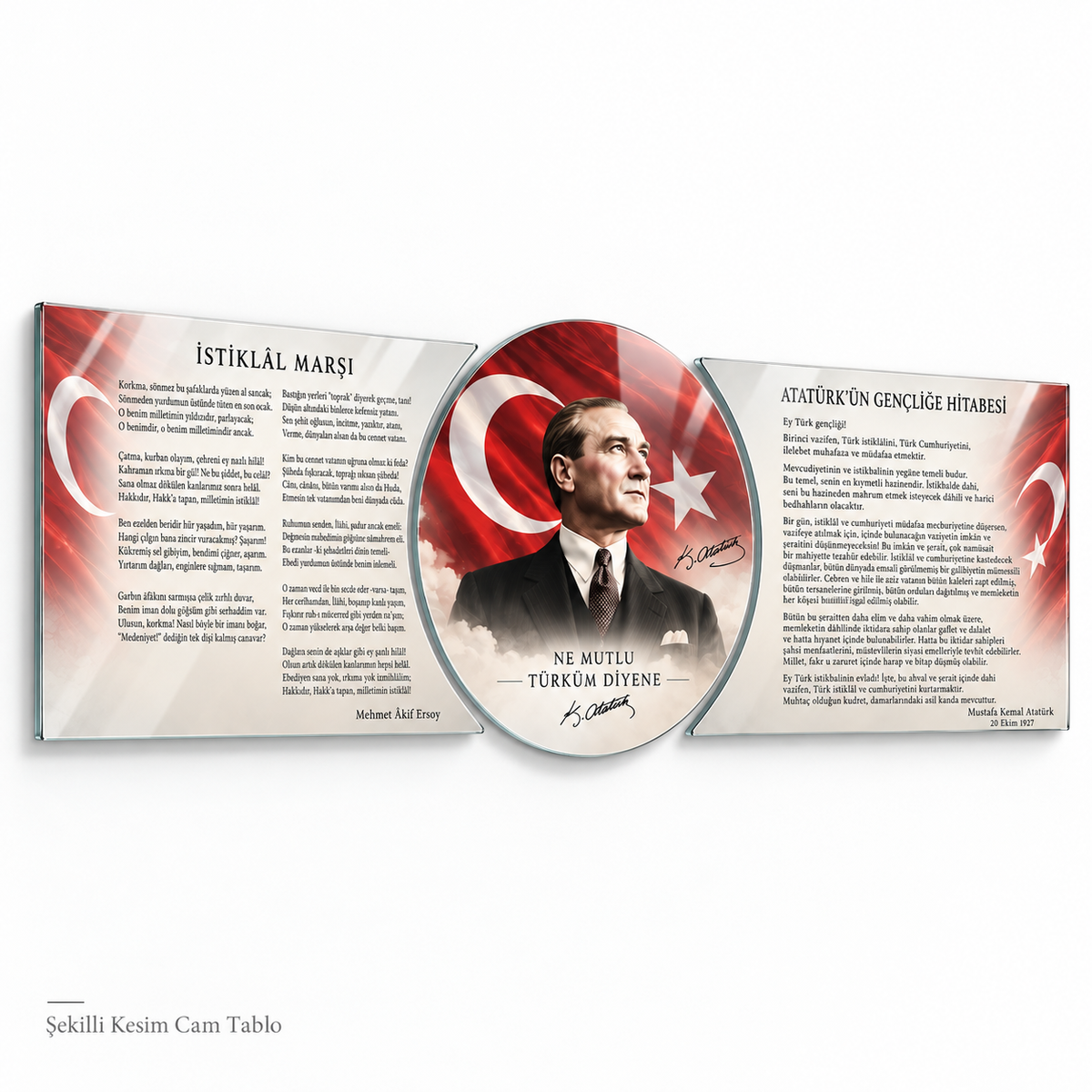 Atatürk Köşesi İstiklal Marşı Gençliğe Hitabe üçlü şekilli kesim cam tablo beyaz zemin vitrin görseli