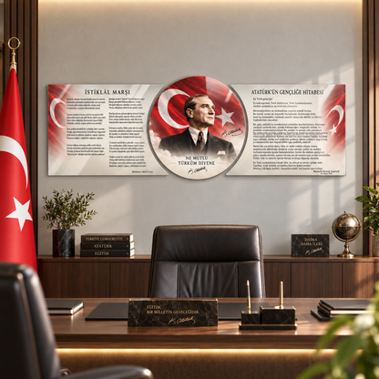 Atatürk Köşesi üçlü şekilli kesim cam tablo kurumsal yönetici ofisi duvar uygulaması
