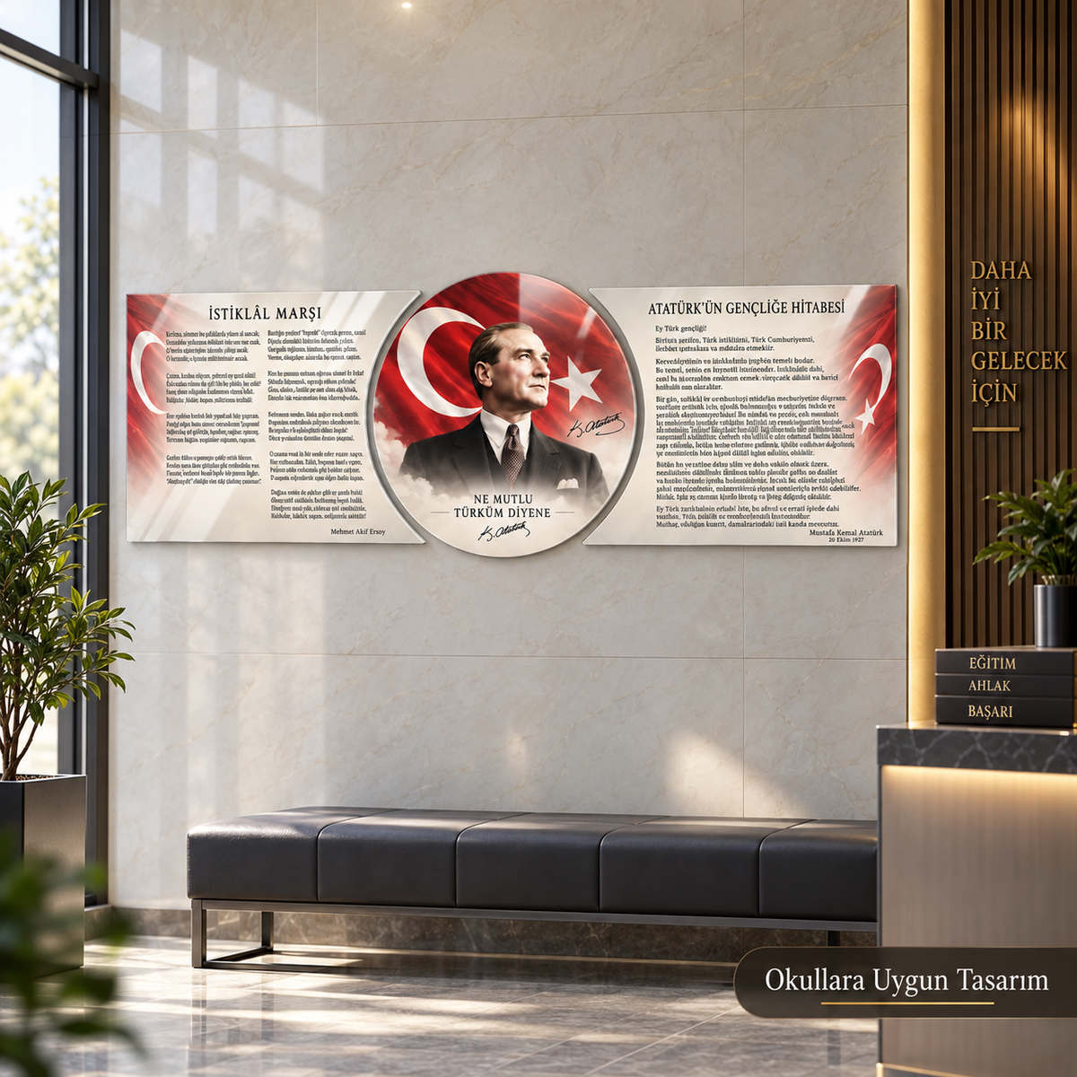 Atatürk Köşesi üçlü şekilli kesim cam tablo okul lobisi duvar uygulaması