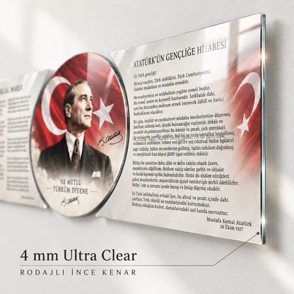 Atatürk Köşesi şekilli kesim cam tablo 4 mm Ultra Clear rodajlı ince kenar detayı