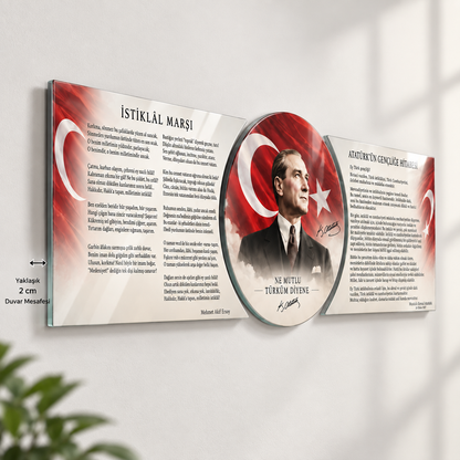 Atatürk Köşesi üçlü şekilli kesim cam tablo yaklaşık 2 cm yüzer duvar görünümü