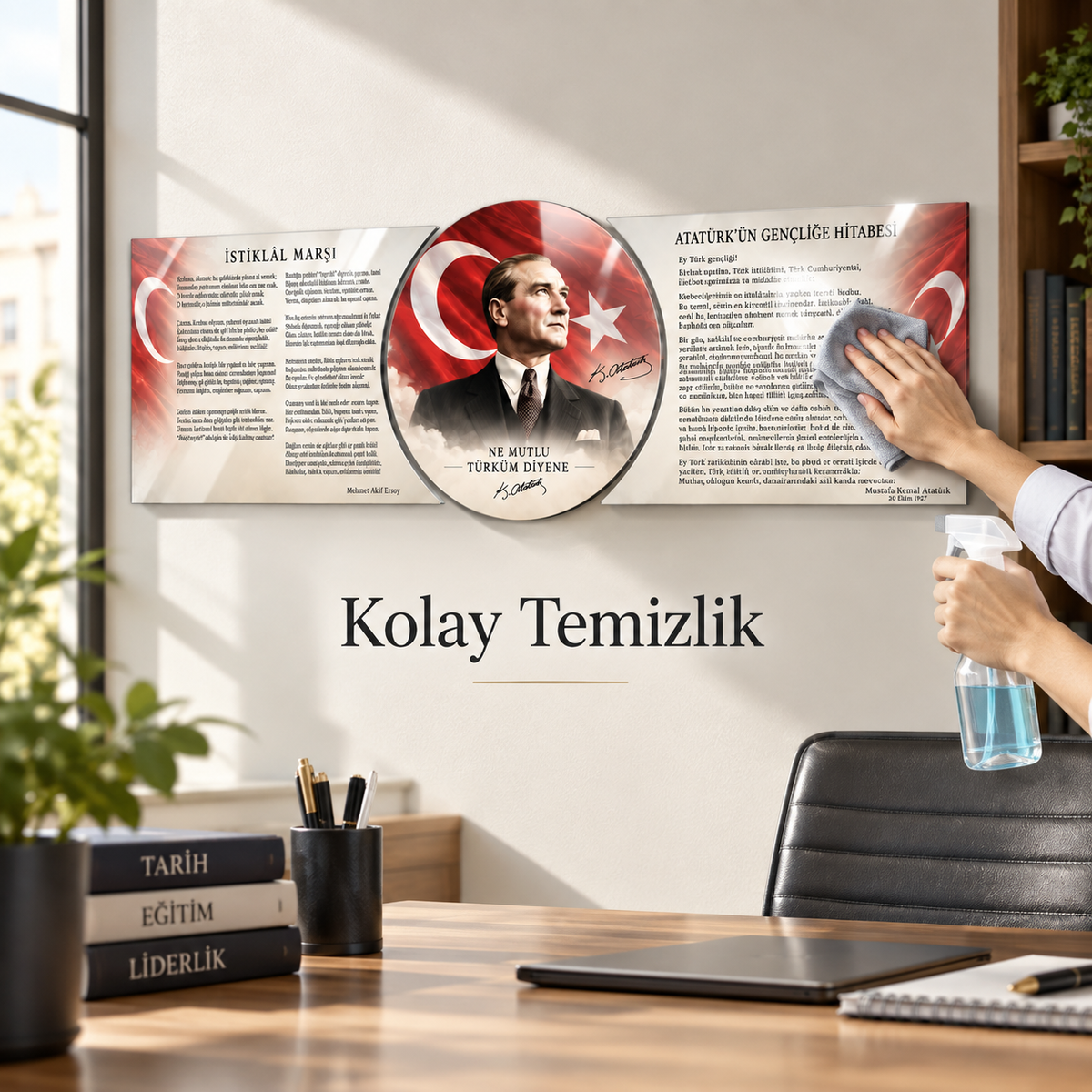 Atatürk Köşesi şekilli kesim cam tablo mikrofiber bez ve cam temizleyici ile kolay temizlik görseli