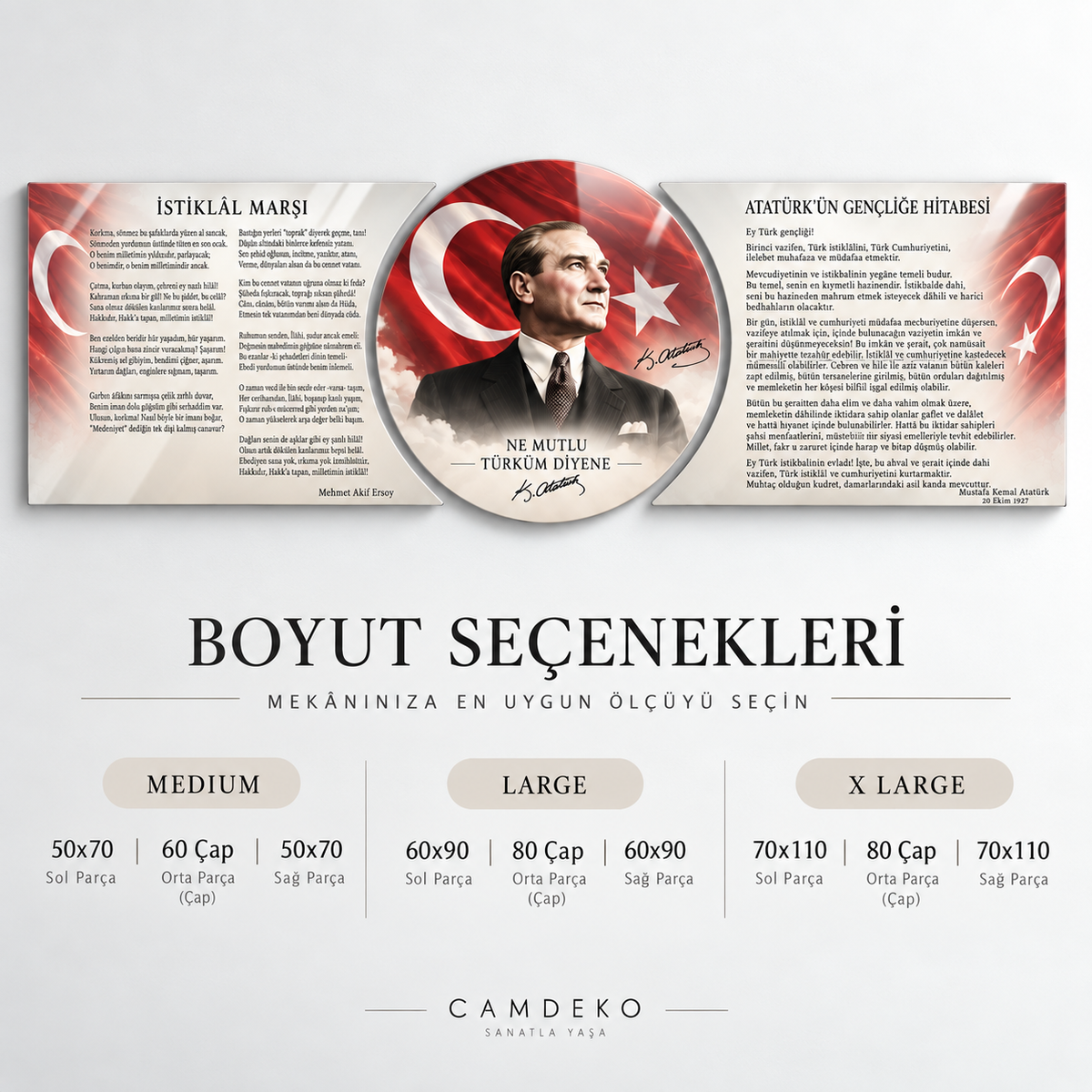 Atatürk Köşesi üçlü şekilli kesim cam tablo Medium Large ve X Large ölçü seçenekleri