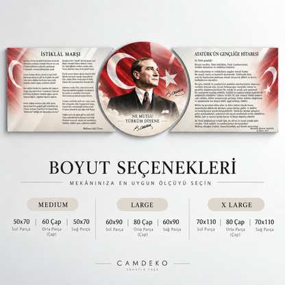 Atatürk Köşesi üçlü şekilli kesim cam tablo Medium Large ve X Large ölçü seçenekleri