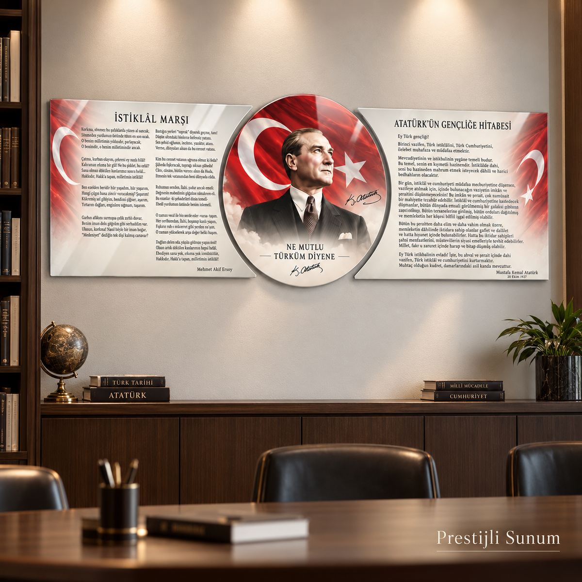 Atatürk Köşesi üçlü şekilli kesim cam tablo prestijli kütüphane duvar uygulaması
