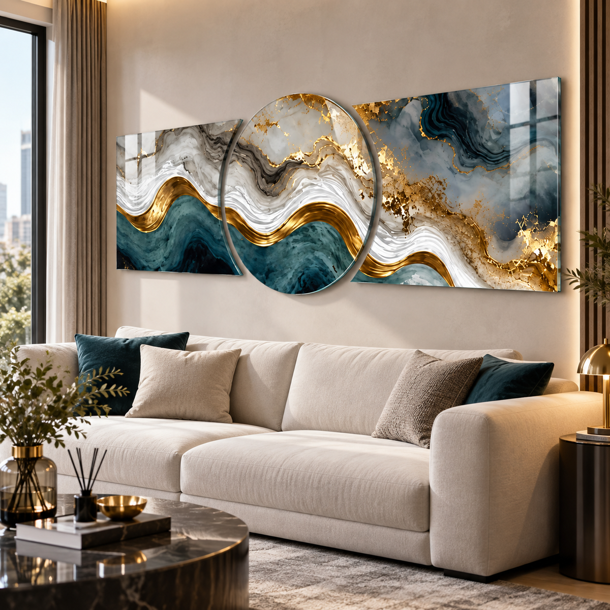 Teal gold mermer desenli üçlü şekilli kesim cam tablo premium salon duvar uygulaması