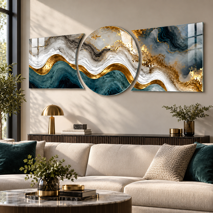 Teal gold mermer desenli üçlü şekilli kesim cam tablo farklı premium salon uygulaması