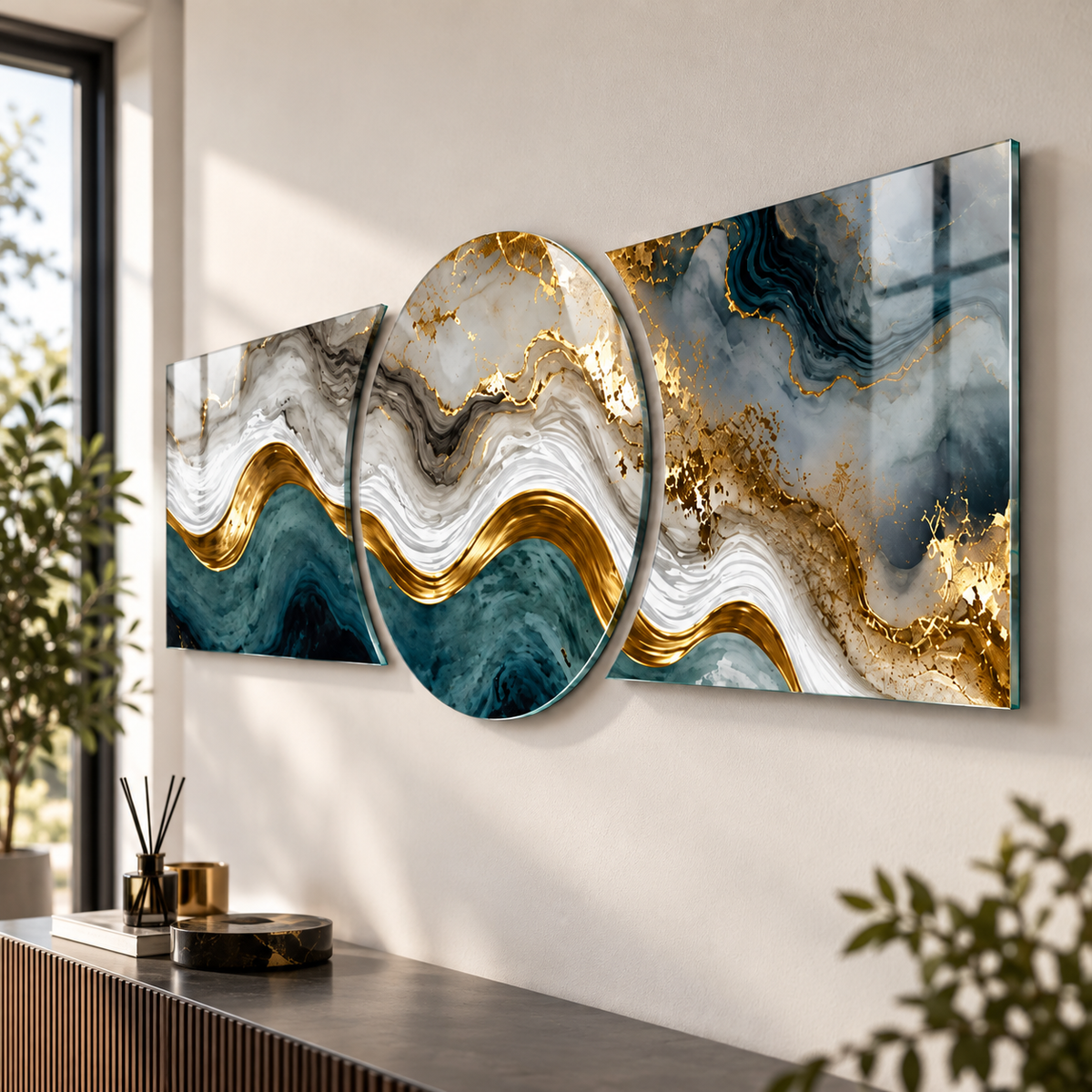 Teal gold mermer desenli üçlü şekilli kesim cam tablo yaklaşık 2 cm yüzer duvar görünümü