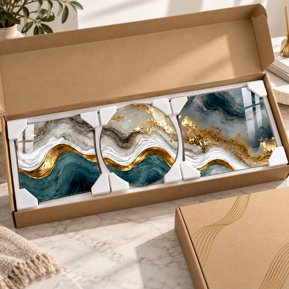 Teal gold mermer desenli üçlü şekilli kesim cam tablo CAMDEKO koruyucu paketleme ve sigortalı kargo