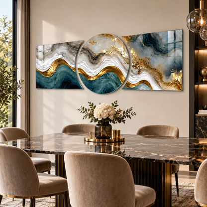 Teal gold mermer desenli üçlü şekilli kesim cam tablo premium yemek odası duvar uygulaması