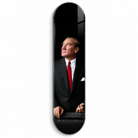 Kırmızı Kravatlı Atatürk Dikey Skate Board Cam Tablo – Beyaz vitrin
