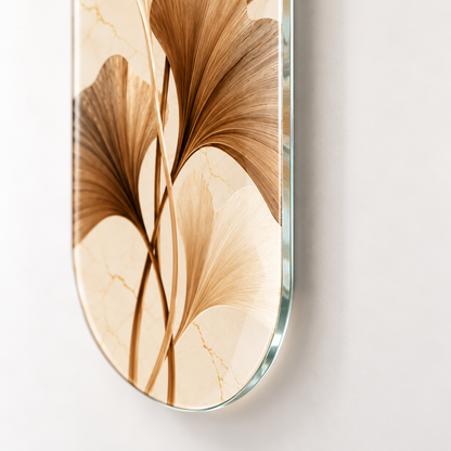 Krem ve Bronz Ginkgo Yapraklı Dikey Skate Board Cam Tablo – Cam kenarı detayı