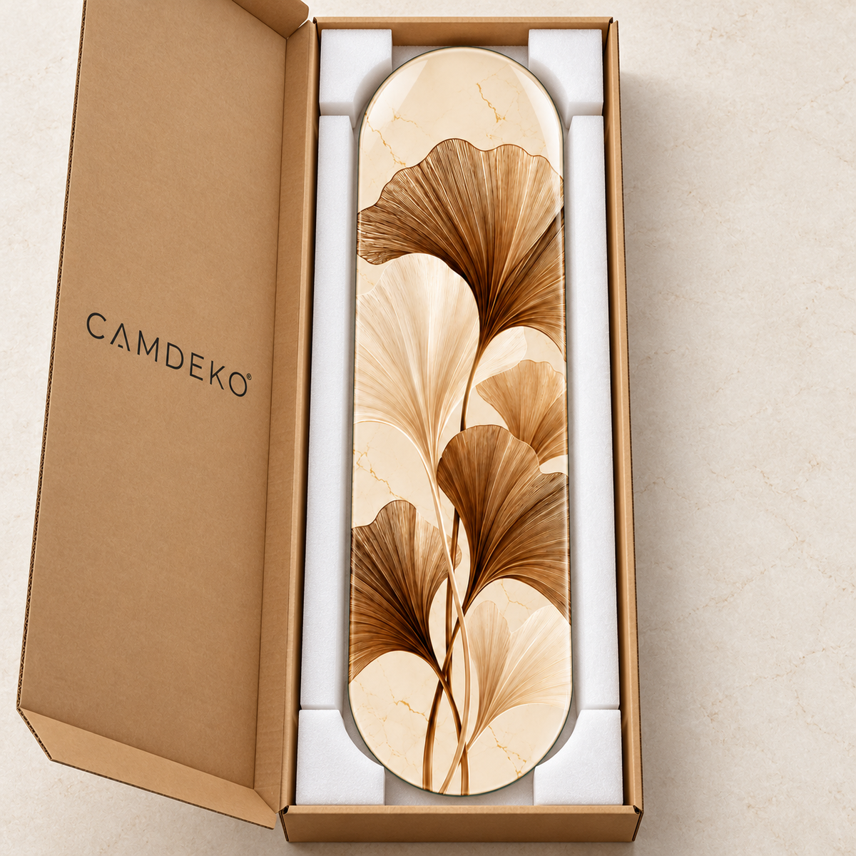 Krem ve Bronz Ginkgo Yapraklı Dikey Skate Board Cam Tablo – Koruyucu paketleme